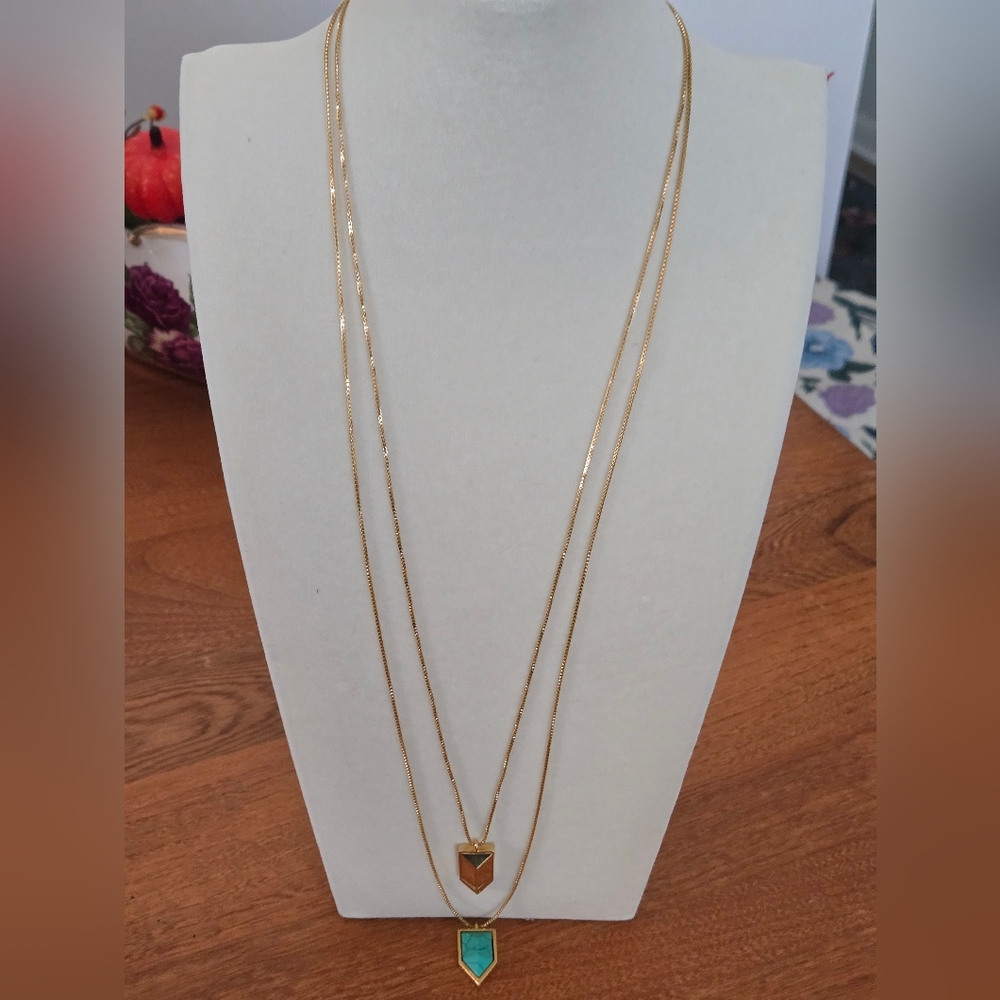 Vince Camuto Gold and Turquoise Necklace Double Long Chain Necklace